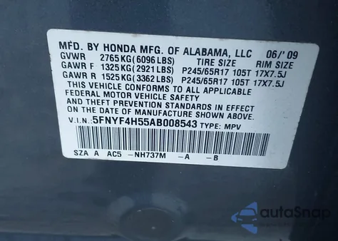 2010 Honda Pilot Ex-L z USA, uszkodzony, nr VIN 5FNYF4H55AB008543
